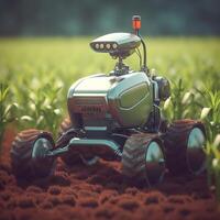 agrorobot. inteligente robotica agricoltori concetto. azienda agricola automazione. moderno tecnologie nel agricoltura. sfocato sfondo di il campo. generativo ai foto