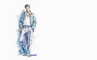 un' uomo in piedi nel pigiama a piedi nudi su un' bianca sfondo, mani nel il suo tasca, acquerello illustrazione. ai generato. foto