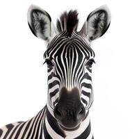 avvicinamento ritratto di un' zebra su un' bianca sfondo. generativo ai foto