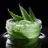 verde succulento aloe Vera pianta e idratante crema nel vaso su nero sfondo. bellezza industria. biologico cosmetici. generativo ai foto