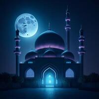 foto un' grande blu moschea con il Luna nel il sfondo ai generativo