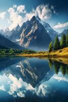 un' calma lago circondato di torreggiante montagne. ai generativo foto