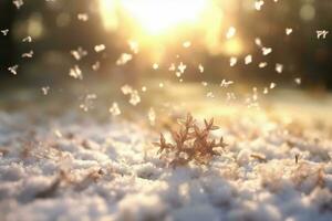 macro foto di neve fiocchi cadente, sfocato sfondo, iper vero, molto dettagliato, raggi di sole, 8 mila. ai generativo