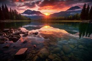 immagine un' travolgente scena di un' tranquillo lago a tramonto. ai generativo foto