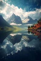 un' calma lago circondato di torreggiante montagne. ai generativo foto