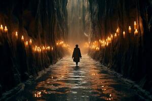 un' onirico fotografia di un' persona Tenere un' candela, a piedi su un' stretto sentiero circondato di un' vasto. ai generativo foto