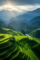 il sole sorge al di sopra di un' pendio con erboso i campi e un la zona con un' collina. ai generativo foto