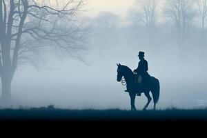 soldato su un' cavallo, nebbioso la zona, silhouette. ai generativo foto