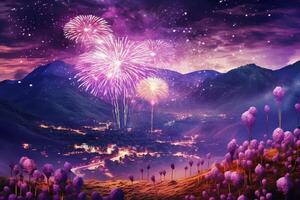 fuochi d'artificio su il montagna. ai generativo foto