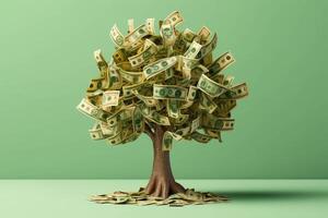 i soldi albero con dollari anziché di le foglie su un' verde chiaro vuoto sfondo. ai generativo foto