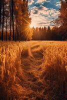 un autunno campo, il sole è splendente, ambra. ai generativo foto