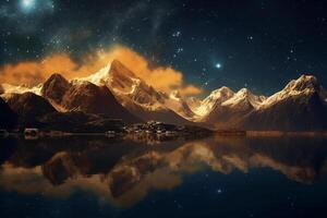 d'oro fantasia stellato cielo a notte, torreggiante montagne, chiaro scintillante lago superficie. ai generativo foto