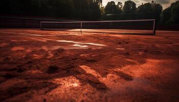 giocando tennis a crepuscolo, netto e palla generato di ai foto