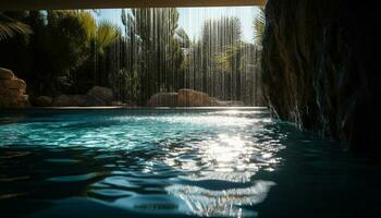 tranquillo scena di tropicale bellezza, acqua riflette generato di ai foto