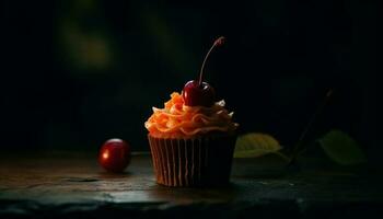 appena al forno buongustaio cupcakes con bacca glassatura generato di ai foto