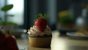 appena al forno buongustaio cupcakes con fragola glassatura generato di ai foto