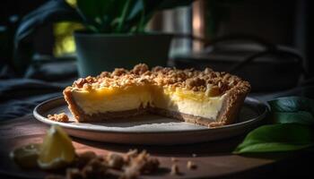 dolce torta fetta su di legno piatto, fatti in casa generato di ai foto