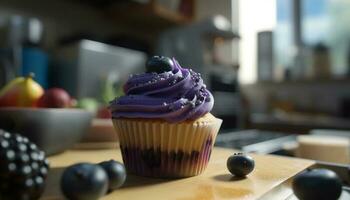 appena al forno buongustaio muffin e cupcakes su tavolo generato di ai foto