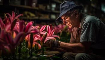 anziano uomini piantare fiori, godendo la pensione all'aperto generato di ai foto