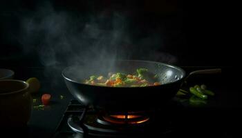 salutare verdura stufato cucinato su stufa superiore generato di ai foto