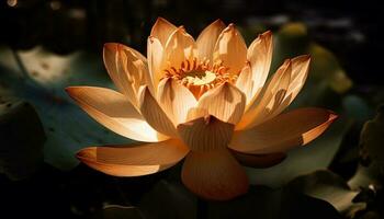 tranquillo loto fiorire riflette bellezza nel natura generato di ai foto