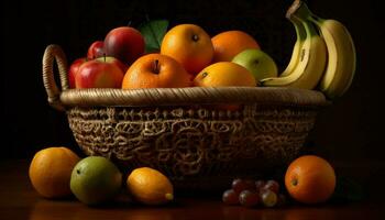 fresco frutta cestino arancia, mela, uva, Banana generato di ai foto
