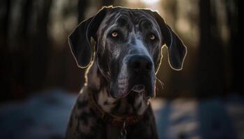 di razza cane da riporto seduta, guardare a telecamera, obbediente generato di ai foto