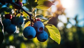 succoso frutta su verde ramo, natura rinfresco generato di ai foto