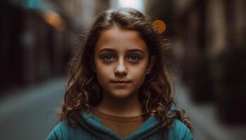 carino ragazza con Marrone capelli sorridente felicemente all'aperto generato di ai foto