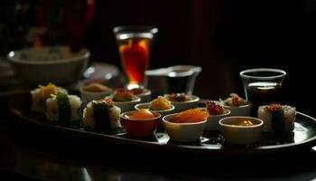 fresco frutti di mare pasto su vasellame piatto con sashimi generato di ai foto