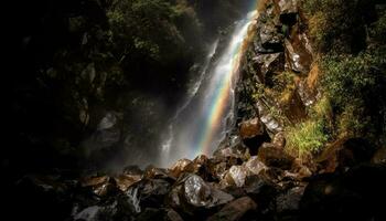 arcobaleno cascate al di sopra di maestoso montagna gamma, mozzafiato bellezza generato di ai foto