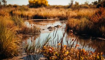 tranquillo scena, riflessione su stagno, autunno le foglie generato di ai foto