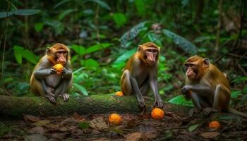 giovane macaco seduta nel tropicale foresta mangiare frutta generato di ai foto