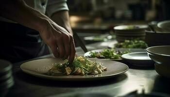 salutare buongustaio insalata preparato di qualificato capocuoco in casa generato di ai foto