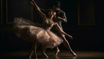 elegante balletto ballerini eseguire su palcoscenico insieme generato di ai foto