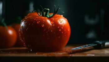 maturo pomodoro fetta gocce su bagnato taglio tavola generato di ai foto