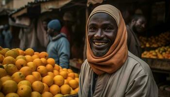 indigeno venditore vende fresco biologico agrume nel Africa generato di ai foto