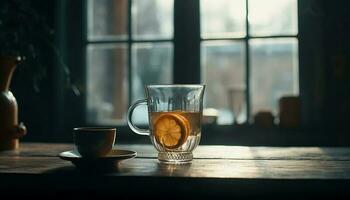 caldo caffè nel rustico caffè negozio finestra generato di ai foto