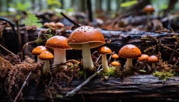 fresco volare agarico fungo, macchiato nel autunno foresta generato di ai foto