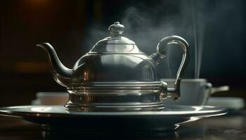 caldo tè nel antico teiera vapori elegantemente generato di ai foto