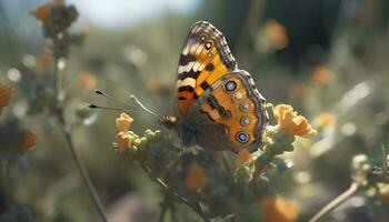 vivace farfalla posatoi su delicato arancia fiorire generato di ai foto