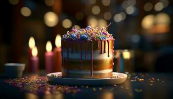 compleanno torta illuminato con candele, raggiante indulgenza generato di ai foto