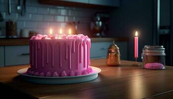 compleanno celebrazione con raggiante lume di candela e dolce dolce generato di ai foto