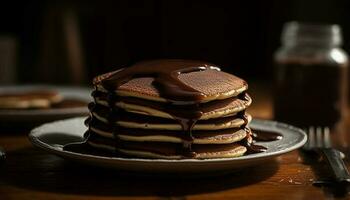 pila di fatti in casa Pancakes con cioccolato sciroppo generato di ai foto