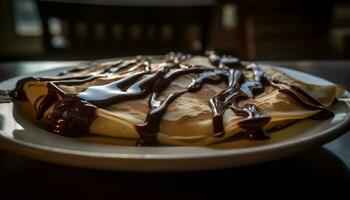 pila di fatti in casa Pancakes con cioccolato salsa generato di ai foto
