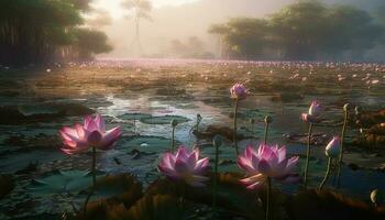 rosa loto fiorire galleggia su tranquillo stagno generato di ai foto