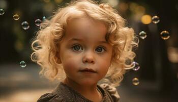 giocoso bambino piccolo soffiaggio bolle, godendo spensierato infanzia generato di ai foto