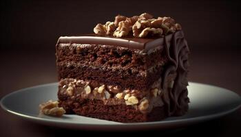 un' buongustaio cioccolato torta fetta, pronto per mangiare generato di ai foto