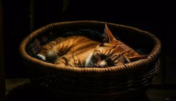 soffice gattino riposa nel accogliente di vimini cestino generato di ai foto