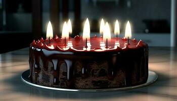 compleanno torta ardente con lume di candela fiamma, indulgenza generato di ai foto